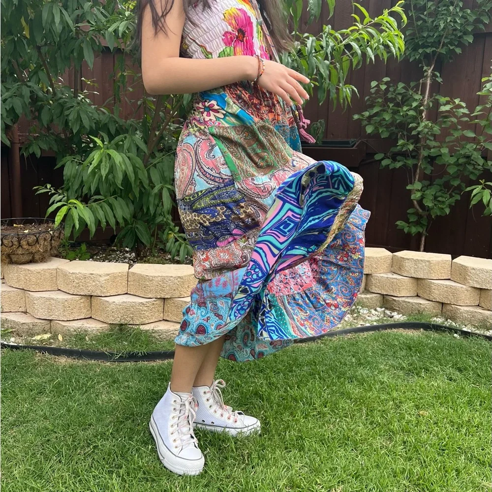 Smocked Ruched Patchwork Boho Dress Skirt - Picture 11 of 17